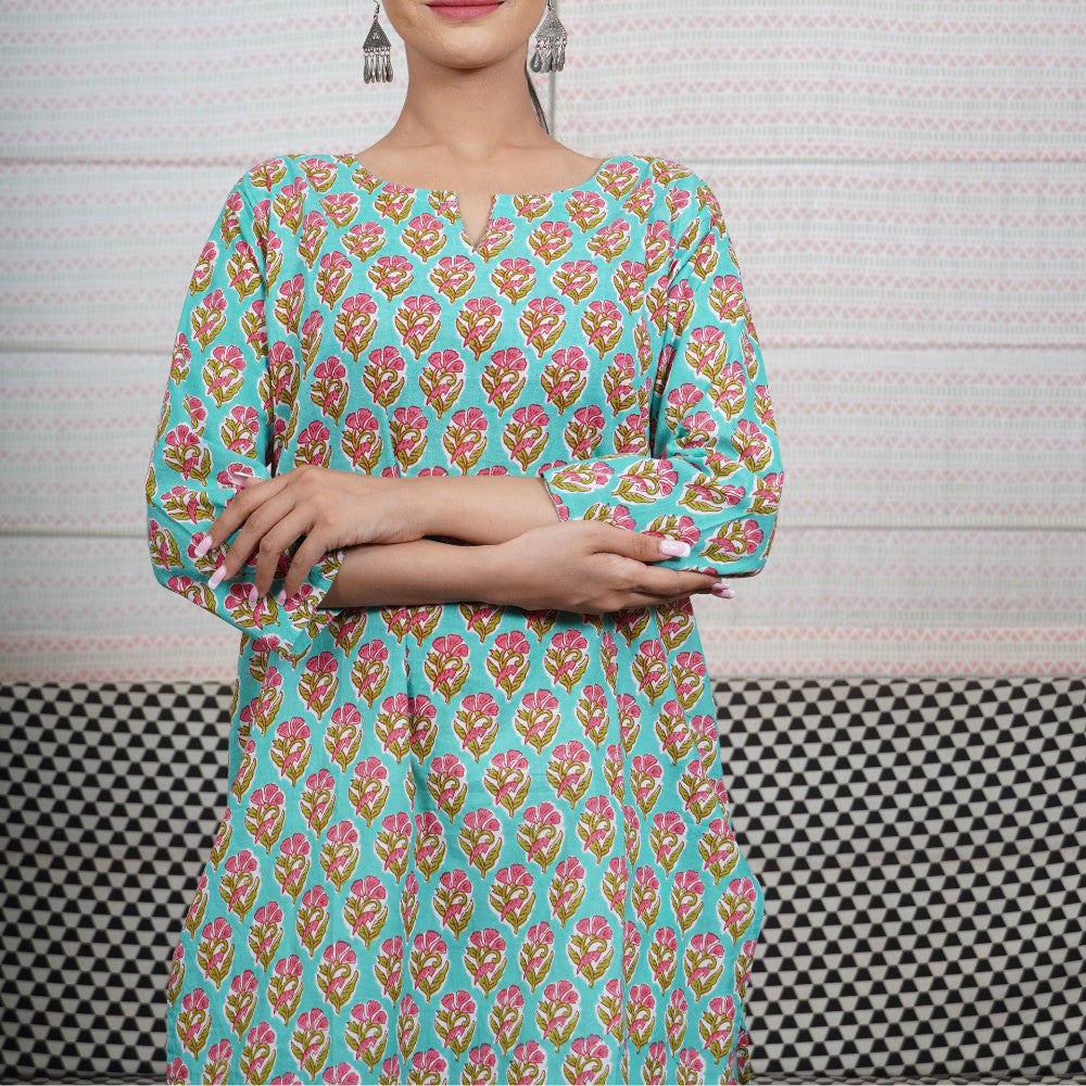 Cotton Straight Kurti - Turquoise with Pink Flowers