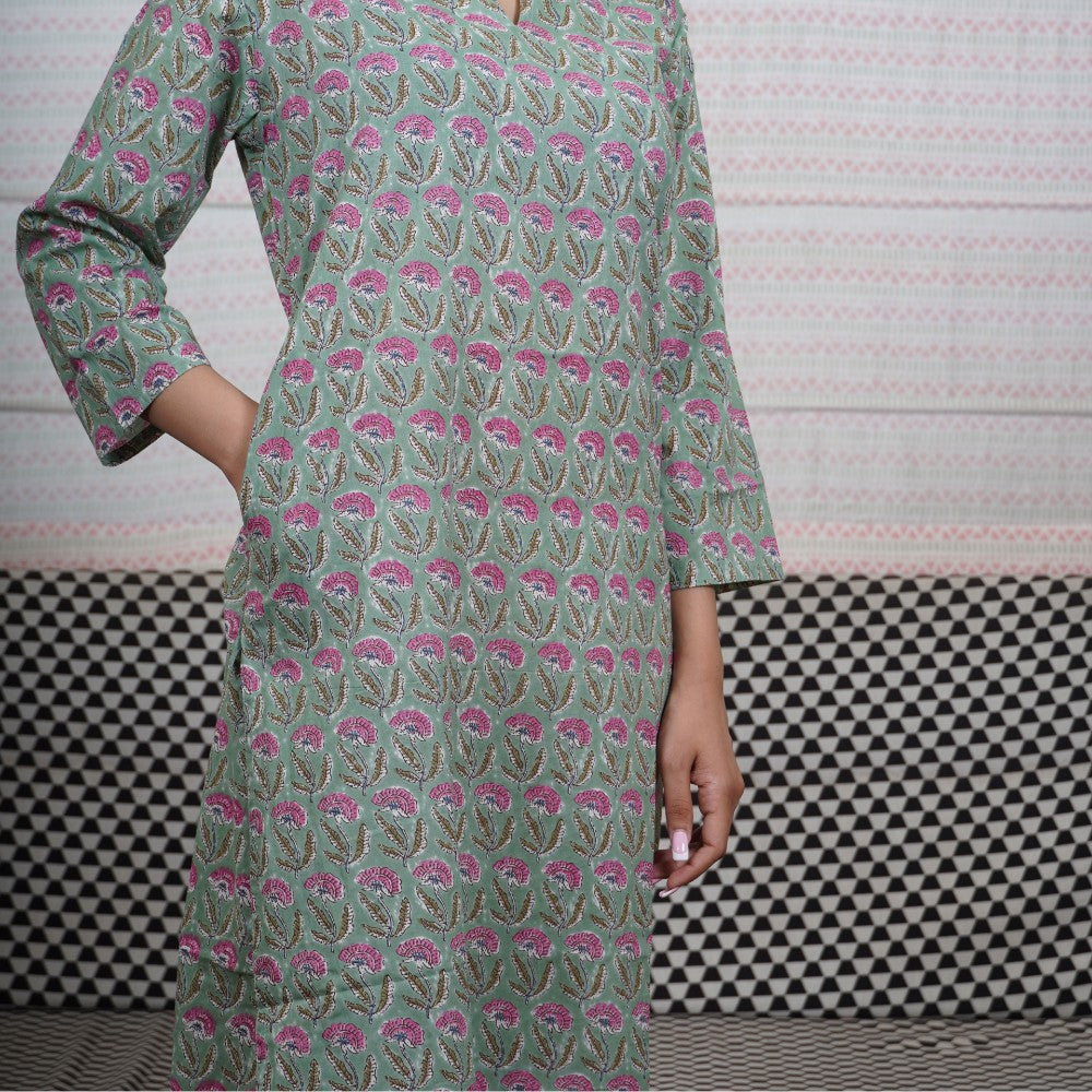 Cotton Straight Kurti - Green with Pink Flowers