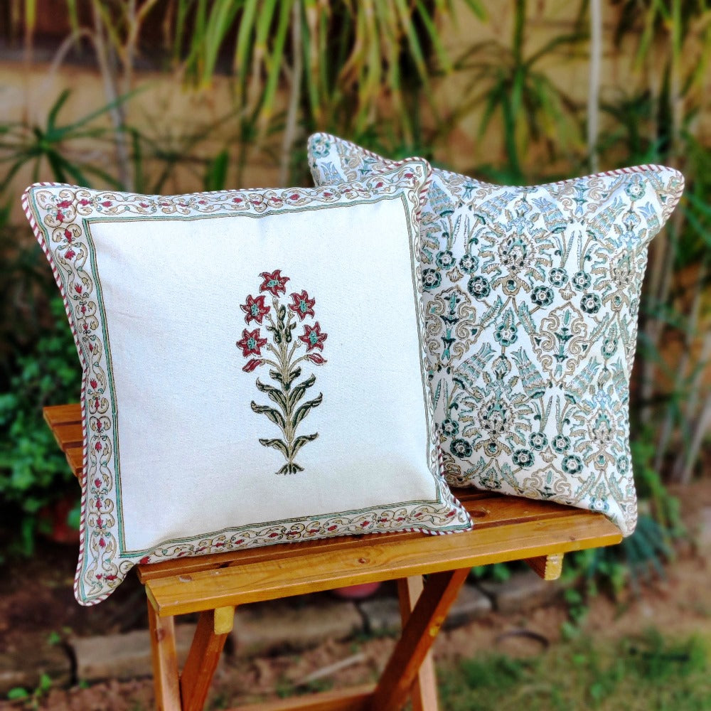 Cotton Cushion Covers (Set of 2) - Mughal White Red & Mustard Flower Motif