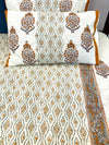 Block Print Handloom Bed Cover Set - Mustard and Grey Large Floral Motifs