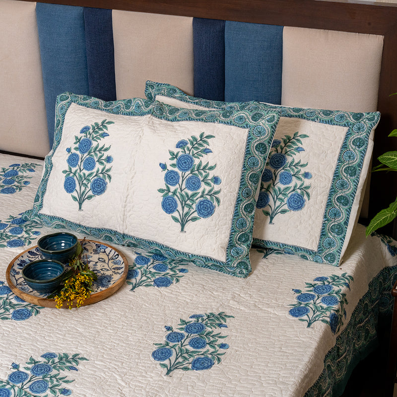 Cotton Quilted Bed Cover Set - Turquoise and Blue Large Floral Motif