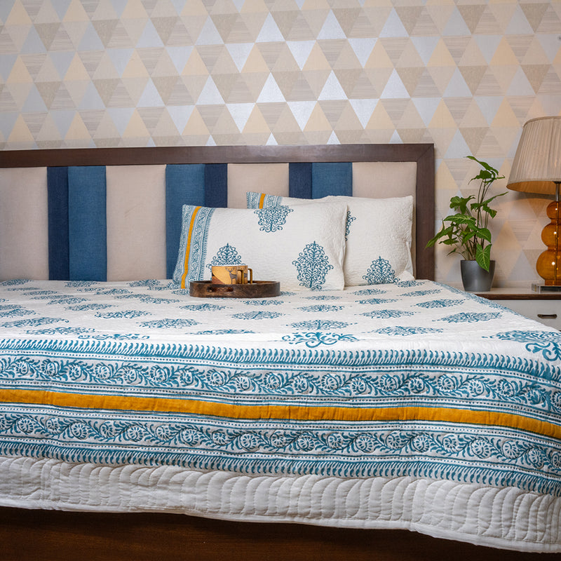 Cotton Quilted Bed Cover Set - Teal, Blue and Yellow block pattern