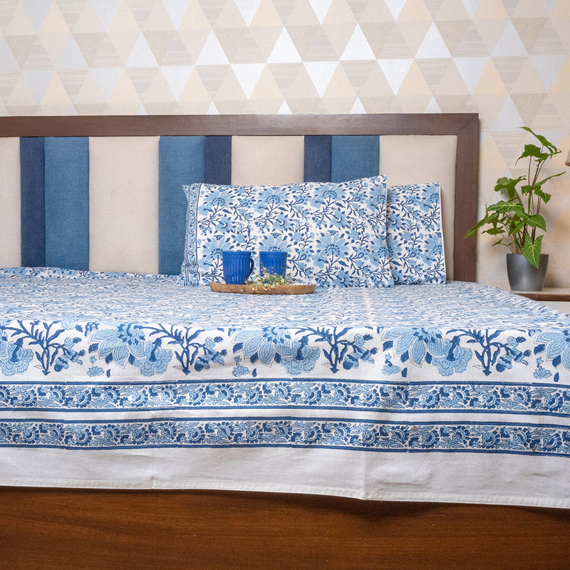 Cotton Hand block Bed Sheet - Floral Jaal Pattern Blue