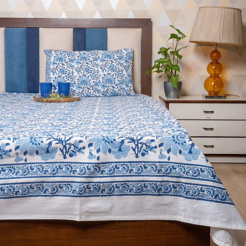 Cotton Hand block Bed Sheet - Floral Jaal Pattern Blue