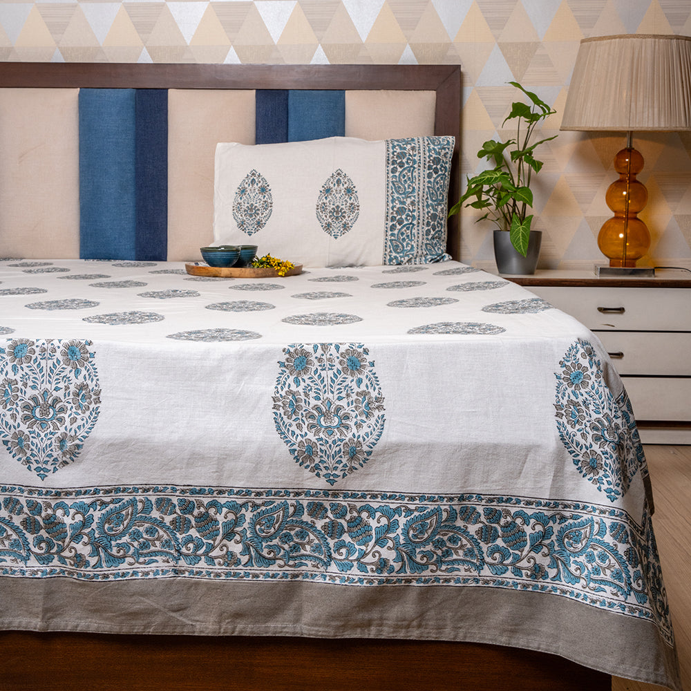 Cotton Hand block Bed Sheet - Teal and Blue Large Floral Motifs