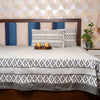 Cotton Hand block Bed Sheet - Grey and Beige in Cross Pattern