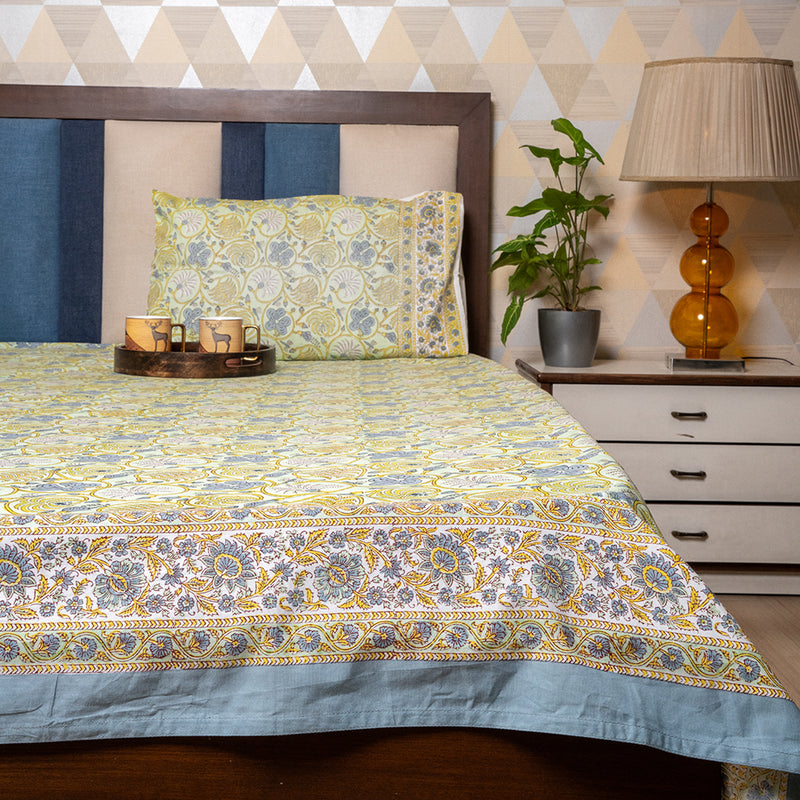 Cotton Hand block Bed Sheet - Green Yellow and Teal Blue Jaal Pattern