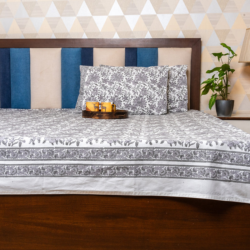 Cotton Hand block Bed Sheet - Grey Floral Jaal Pattern