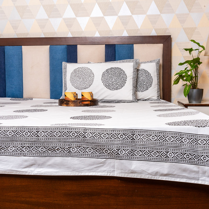 Cotton Hand block Bed Sheet - Black, White and Grey Circular Bale Pattern