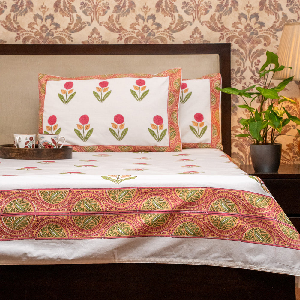 Cotton Hand block Bed Sheet - Pink, Orange and Green Large Floral Motifs