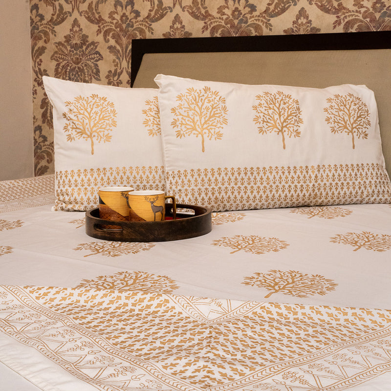 Cotton Hand block Bed Sheet - White Gold Large Tree Motifs