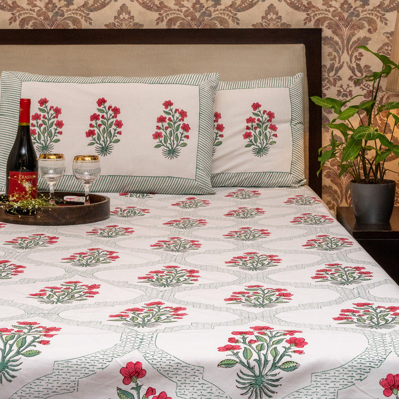 Cotton Hand block Bed Sheet - Red and Green Large Floral Motifs