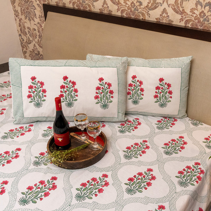 Cotton Hand block Bed Sheet - Red and Green Large Floral Motifs