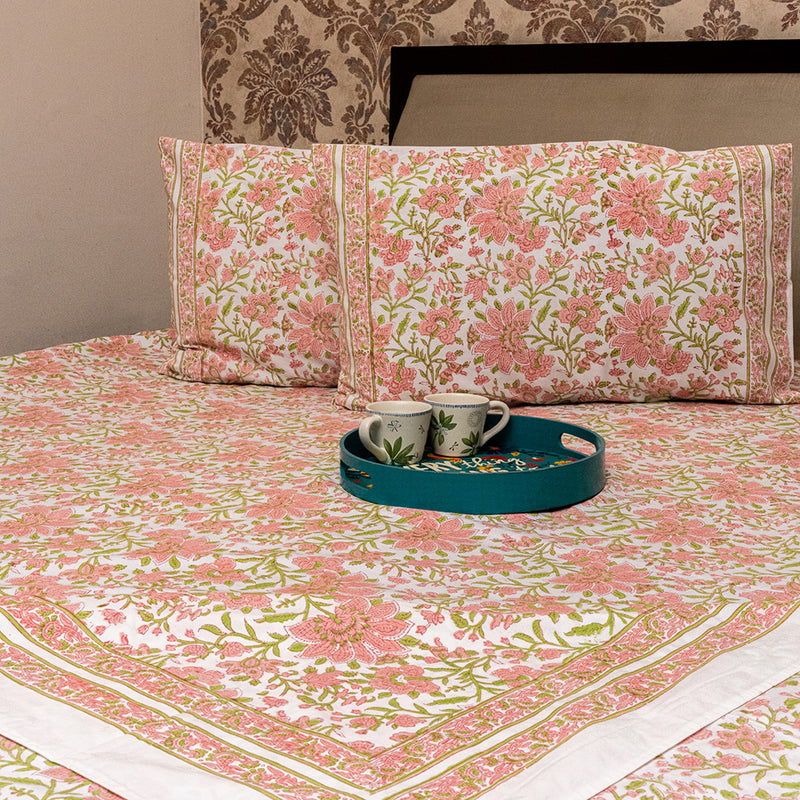 Cotton Hand block Bed Sheet - Candy Pink and Green Floral Jaal Pattern