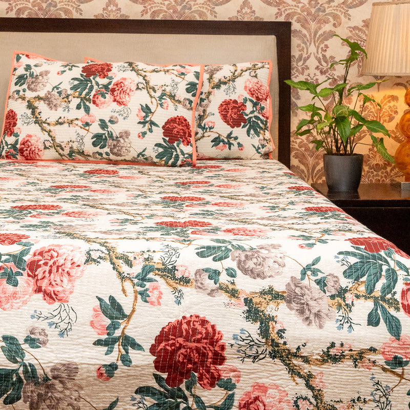 Cotton Quilted Bed Cover Set - Teal and Rust Floral Jaal Pattern