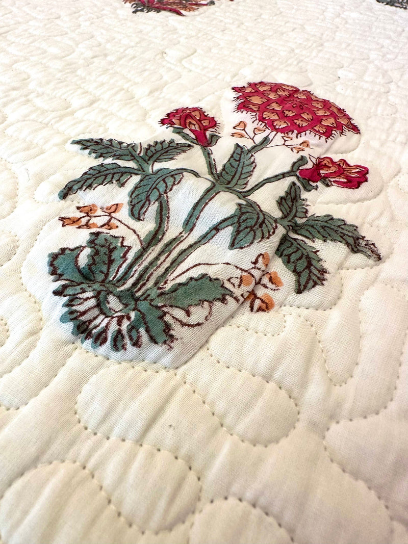 Cotton Quilted Bed Cover Set - Red and Peach Floral and Planter Motif