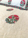 Cotton Quilted Bed Cover Set - Pink, Green and Turquoise Large  Floral Motifs