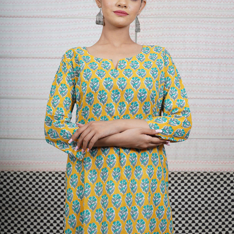 Cotton Straight Kurti - Yellow with Turquoise Flowers