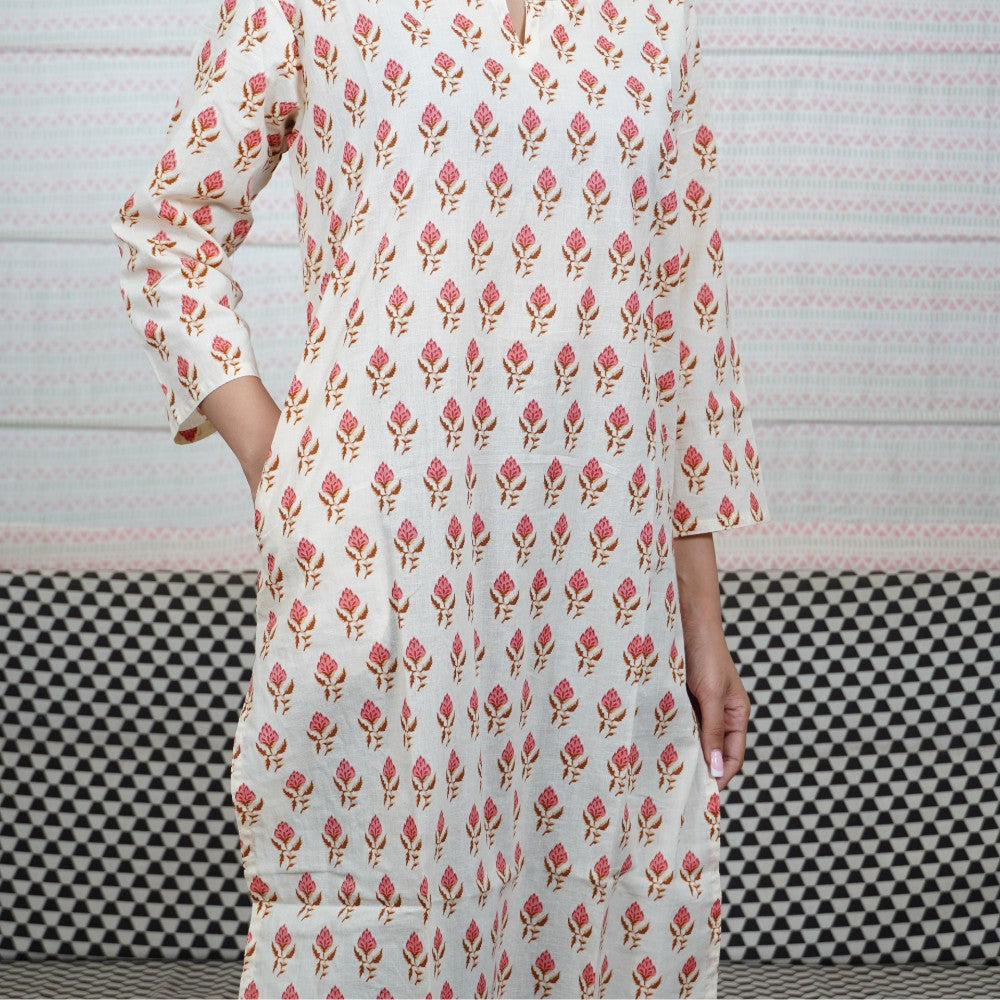 Cotton Straight Kurti - Off White with Pink Flowers