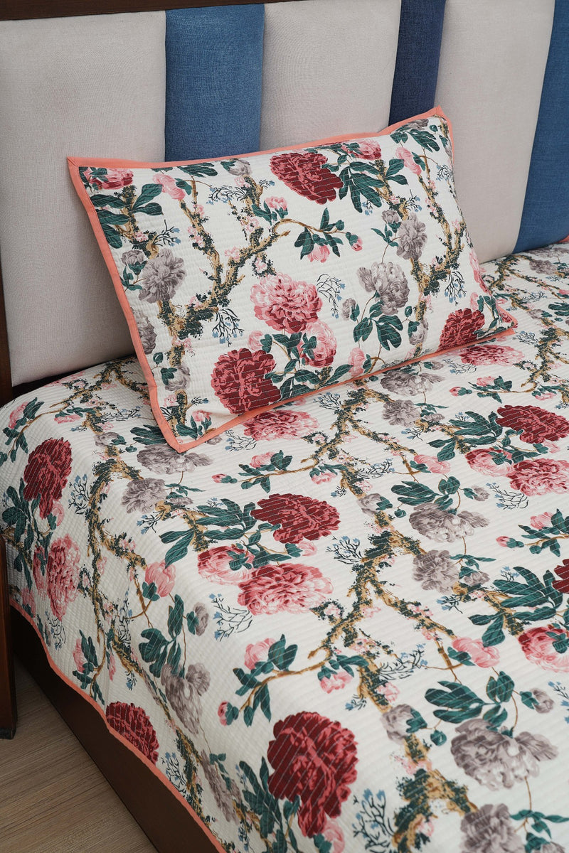 Cotton Quilted Bed Cover - Green Floral with Peach Border