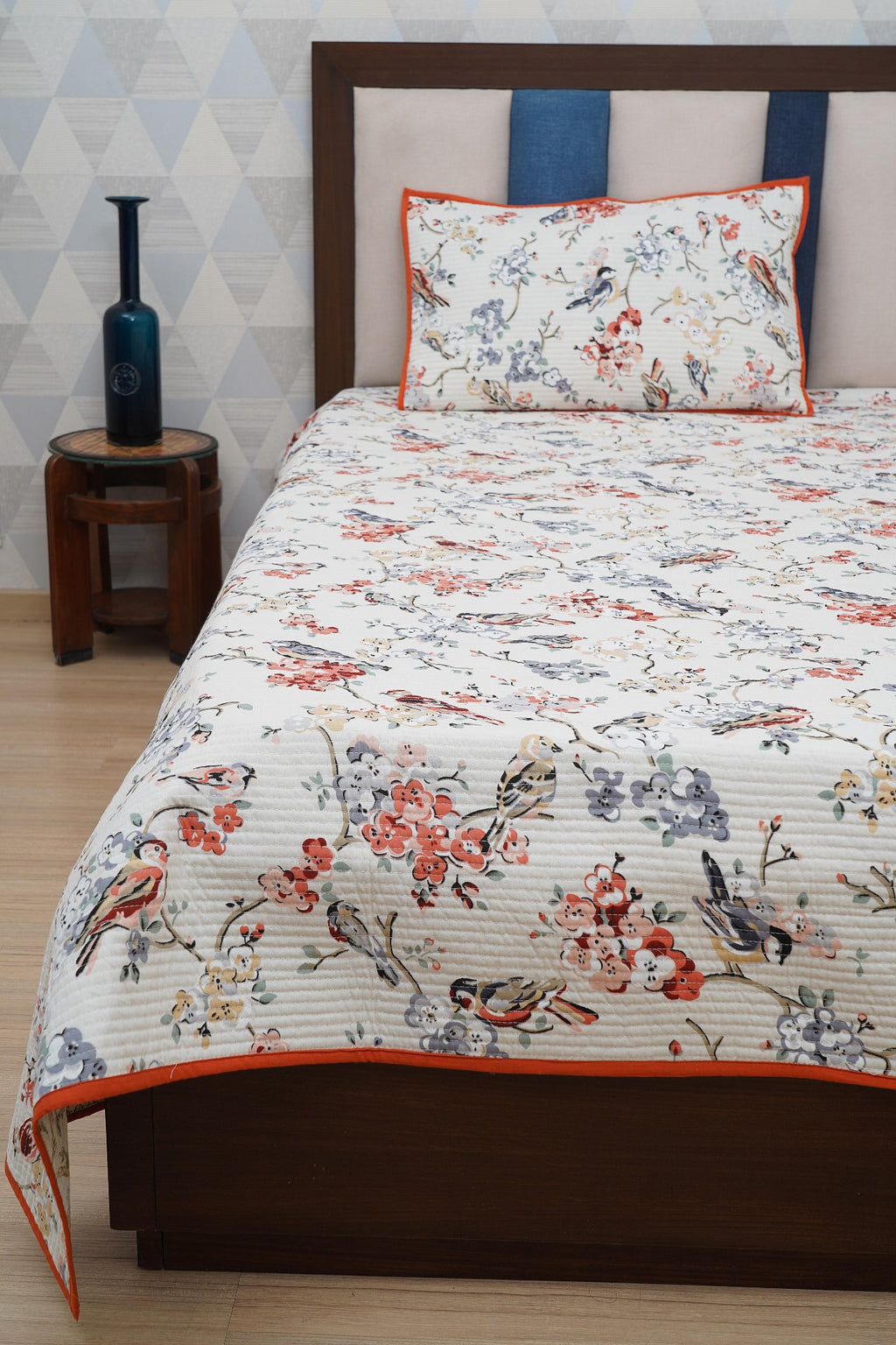 Cotton Quilted Bed Cover - Birds Floral Rust Border