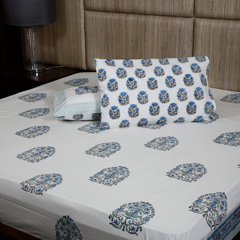 Hand Block Premium Cotton Bed Sheet - Blue & Grey Booti