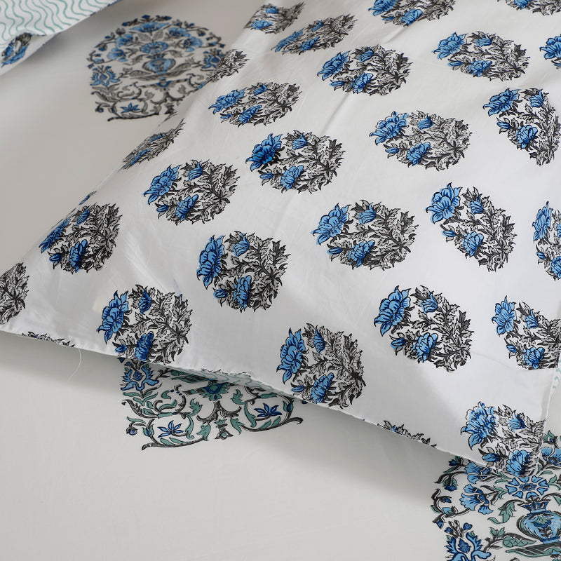 Hand Block Premium Cotton Bed Sheet - Blue & Grey Booti