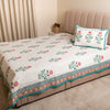 Premium Quilted Bed Cover - Floral Motifs with Turquoise & Pink Border