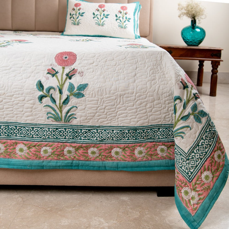 Premium Quilted Bed Cover - Floral Motifs with Turquoise & Pink Border