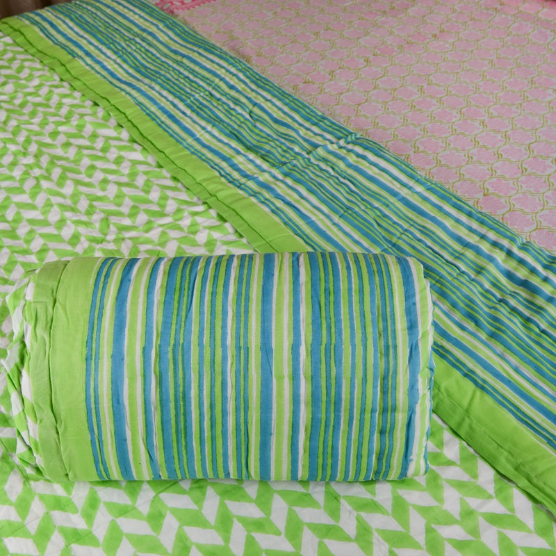 Cotton Quilt Hand Block - White & Green Stripes