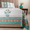 Cotton Hand Block Bed Sheet - Floral Motif Pink & Turquoise Border