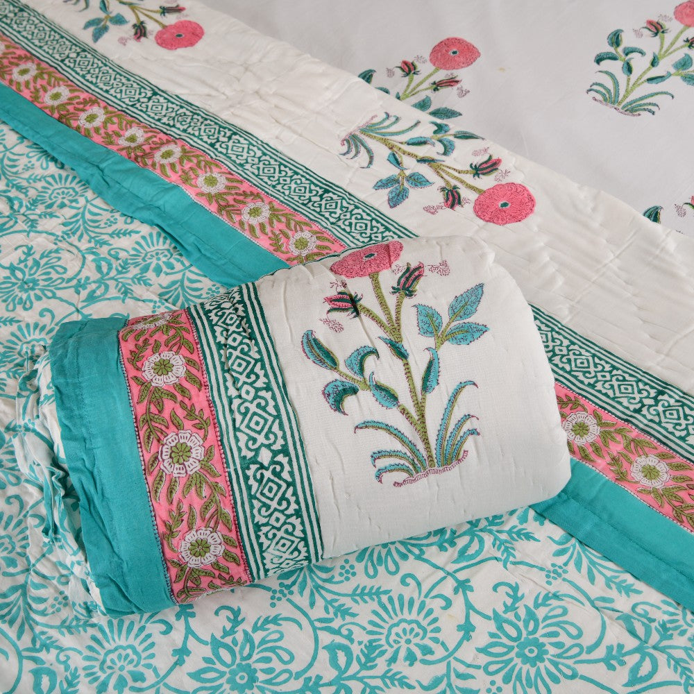 Cotton Quilt Hand Block - Floral Motif Pink & Turquoise Border
