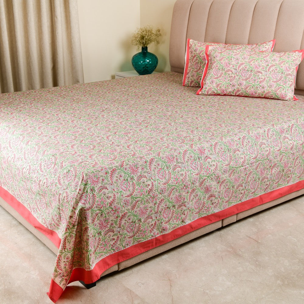 Cotton Hand Block Bed Sheet - Floral Jaal pattern Carrot Red Border