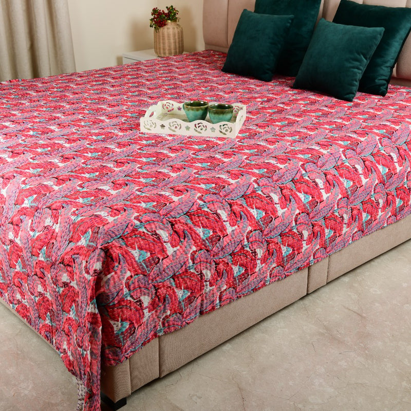 Cotton Kantha Work Bed Cover - Red & Pink Floral