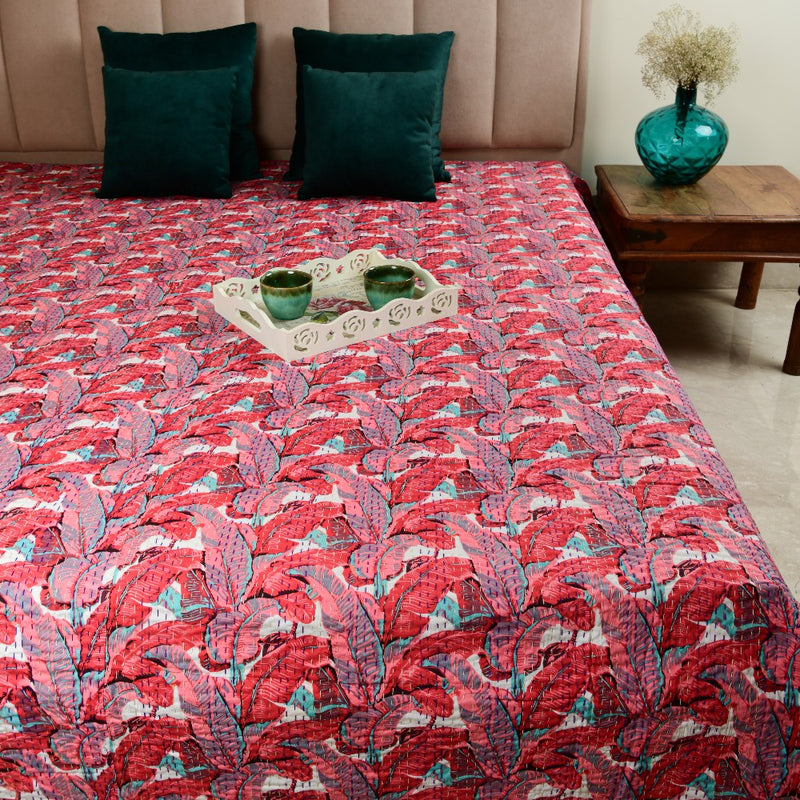 Cotton Kantha Work Bed Cover - Red & Pink Floral