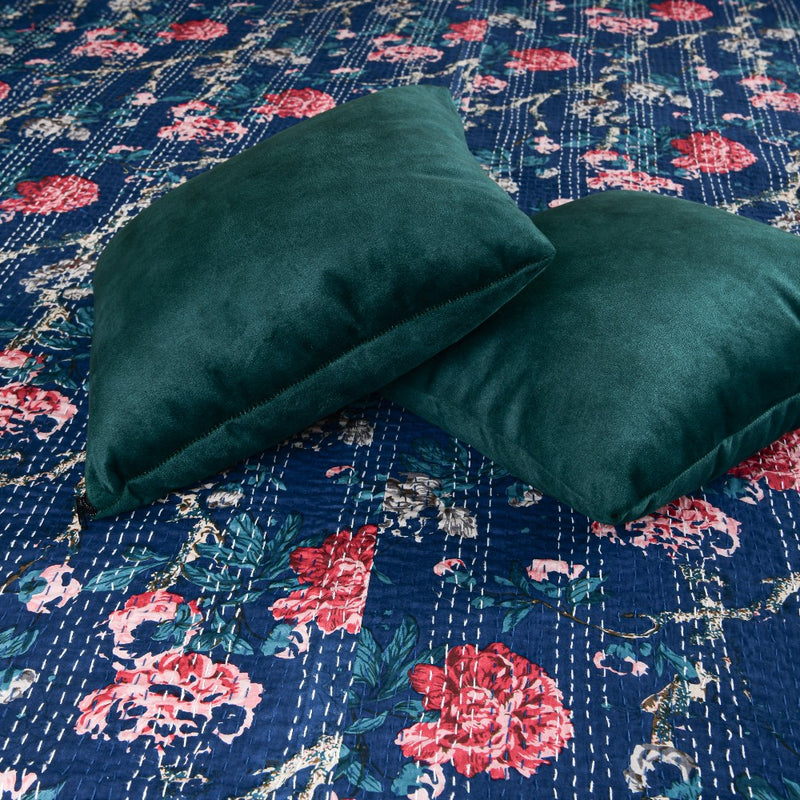 Cotton Kantha Work Bed Cover - Royal Blue Floral
