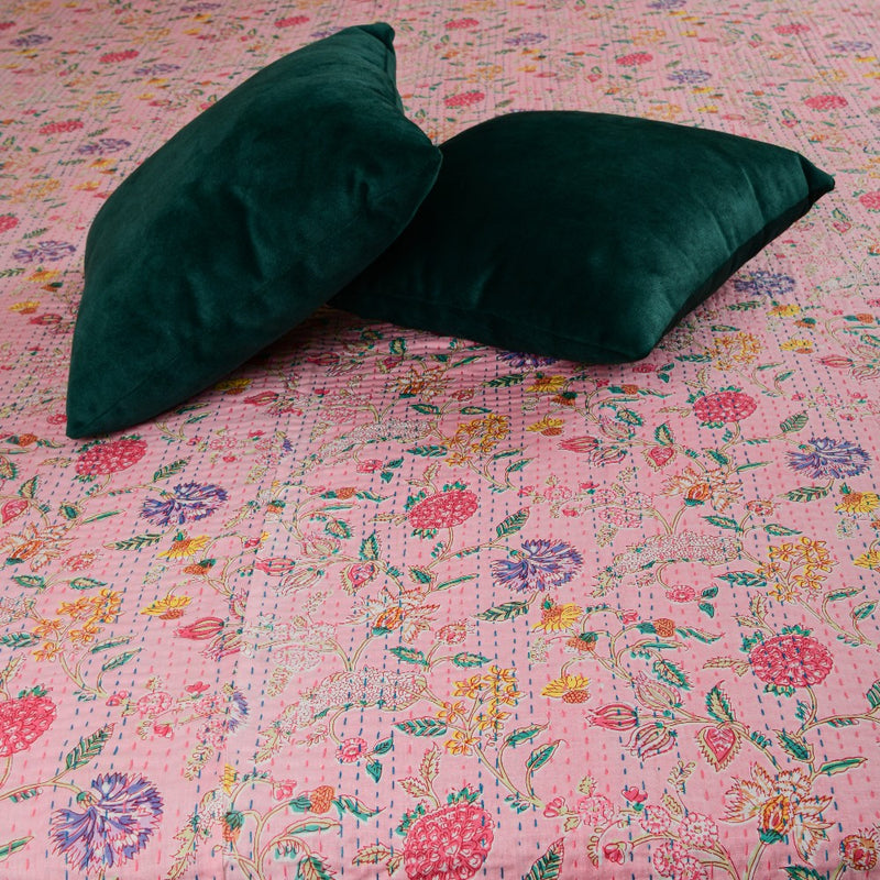 Cotton Kantha Work Bed Cover - Light Pink Floral