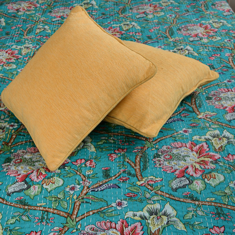Cotton Kantha Work Bed Cover - Green Floral
