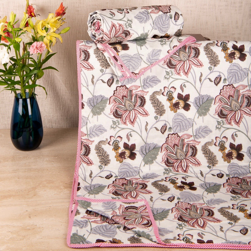 Cotton AC Dohar Single - Running Print Pink & Grey Floral
