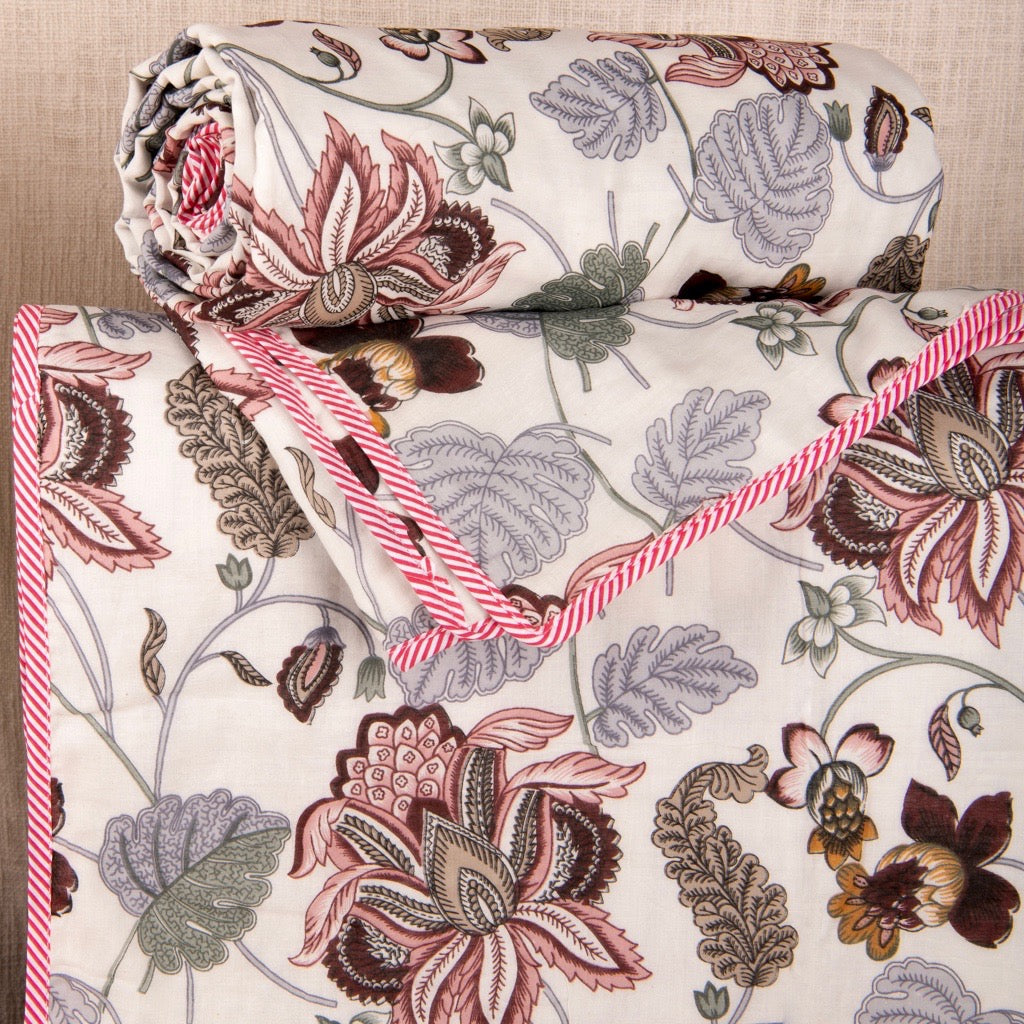 Cotton AC Dohar Single - Running Print Pink & Grey Floral
