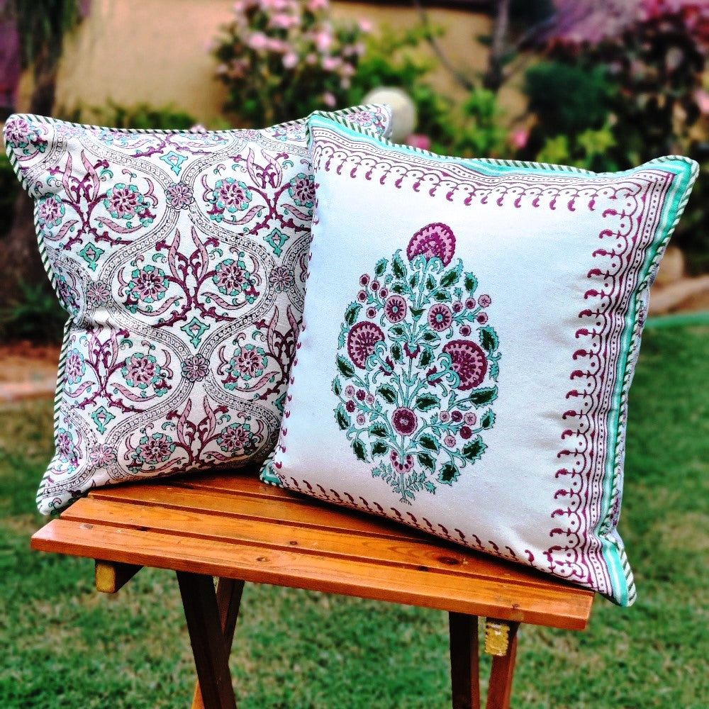 Cotton Cushion Covers (Set of 2) - Mughal White Pink & Green Motif Ambi Border
