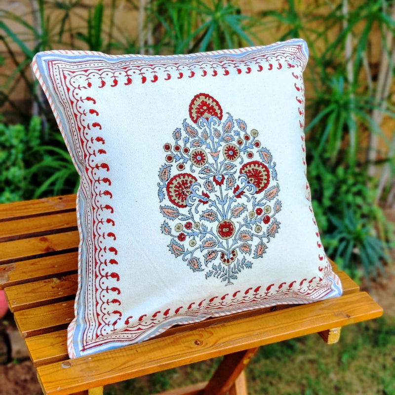 Cotton Cushion Covers (Set of 2)- Mughal White Maroon & Light Blue Motif Ambi Border