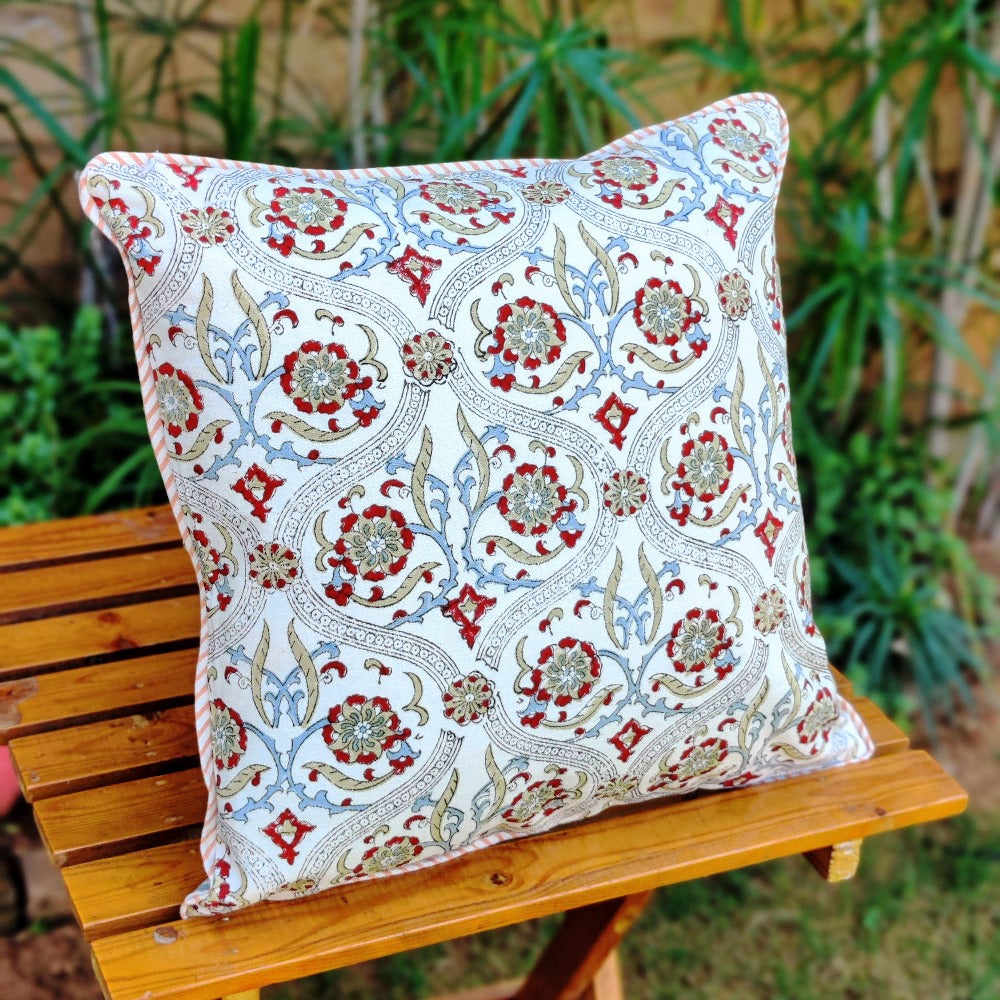 Cotton Cushion Covers (Set of 2)- Mughal White Maroon & Light Blue Motif Ambi Border