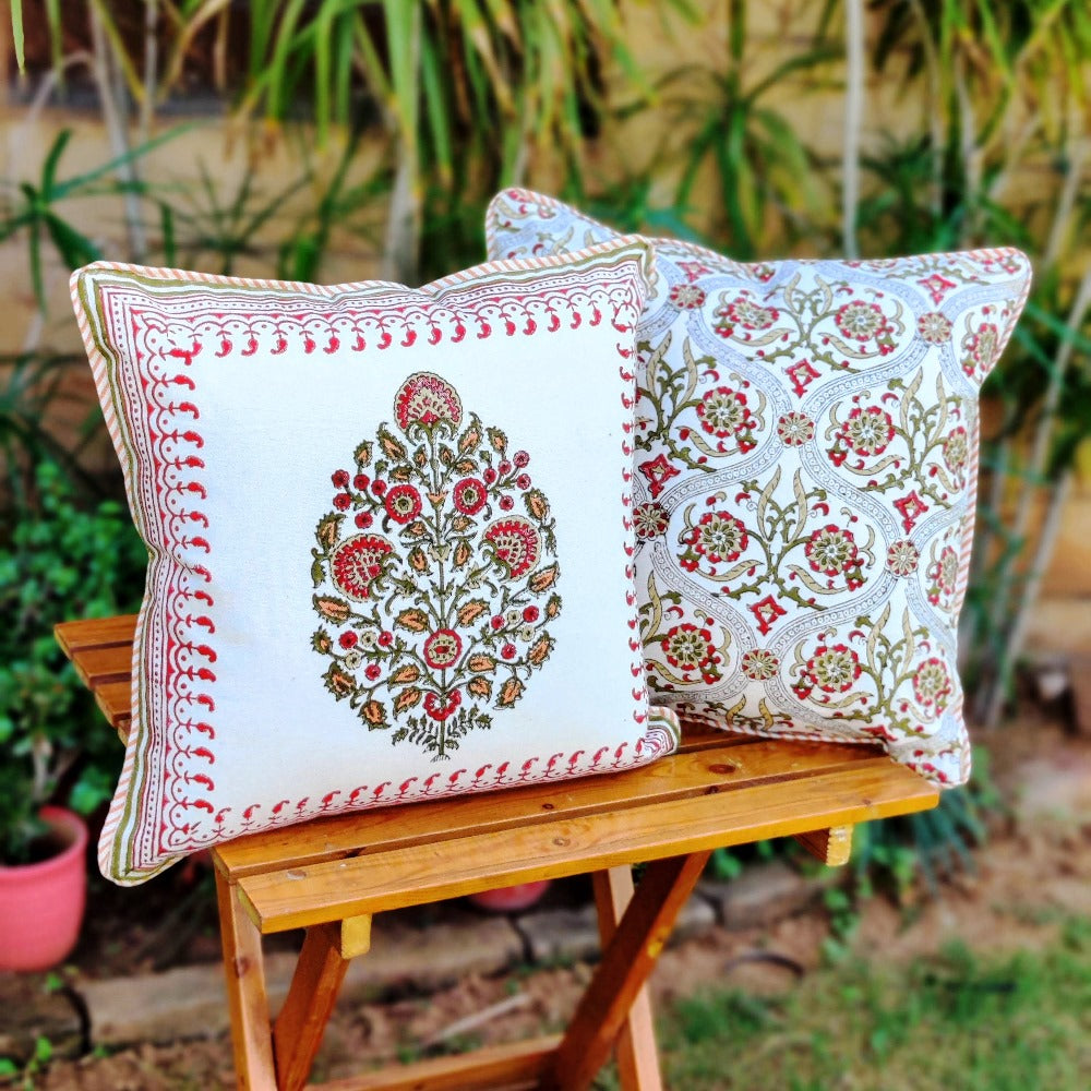 Cotton Cushion Covers (set of 2) - Mughal White Red & Olive Green Motif Ambi Border