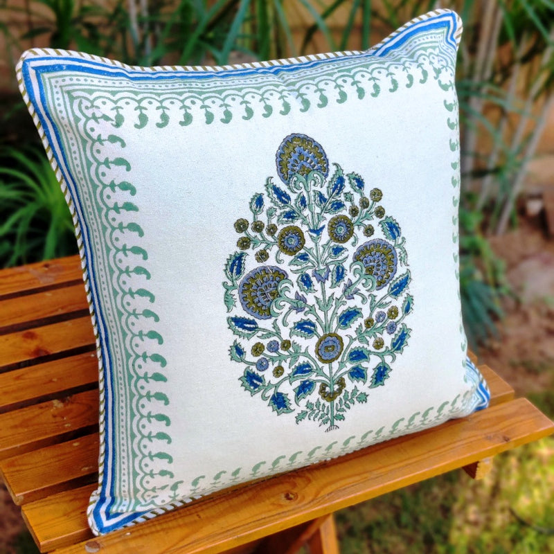 Cotton Cushion Covers (Set of 2) - Mughal White Blue & Green Motif Ambi Border