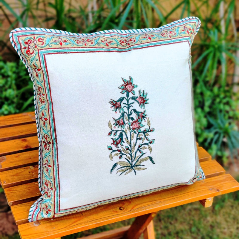 Cotton Cushion Covers (Set of 2) - Mughal White Turquoise Petals Mustard Border