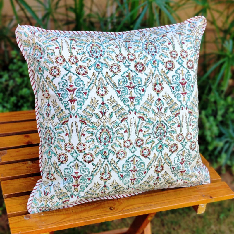Cotton Cushion Covers (Set of 2) - Mughal White Red & Green Flower Motif