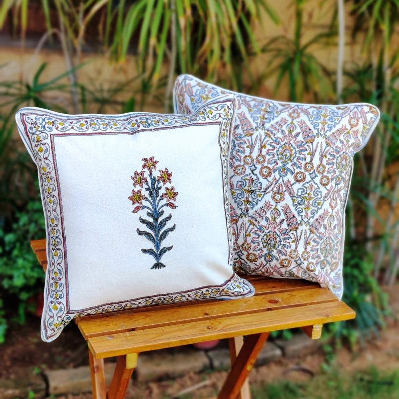 Cotton Cushion Covers (Set of 2) - Mughal White Yellow & Mauve Flower Motif