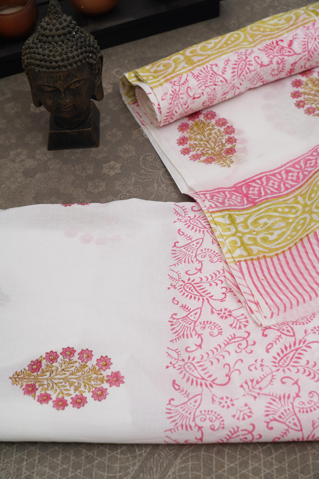 Unstitched Suit Piece - White with Pink & Green Floral Motifs Cotton Dupatta