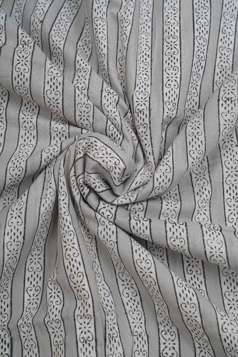 Pure Cotton Fabric - Grey Stripes in Block Print (1 mtr length)